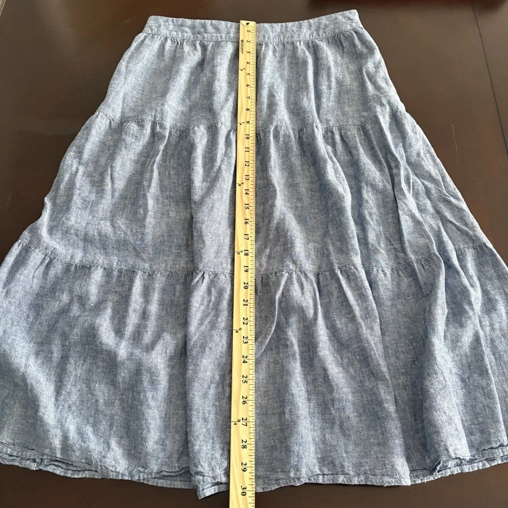 Linen Blend Tiered Chambray Midi Skirt Blue Size M Coastal Cowgirl Western Boho - Picture 9 of 9